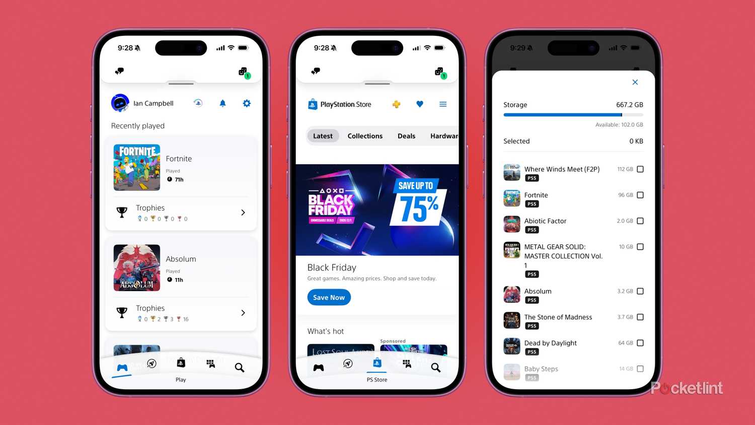 Three screenshots from the PlayStation App showing the main page, store, and storage management options.