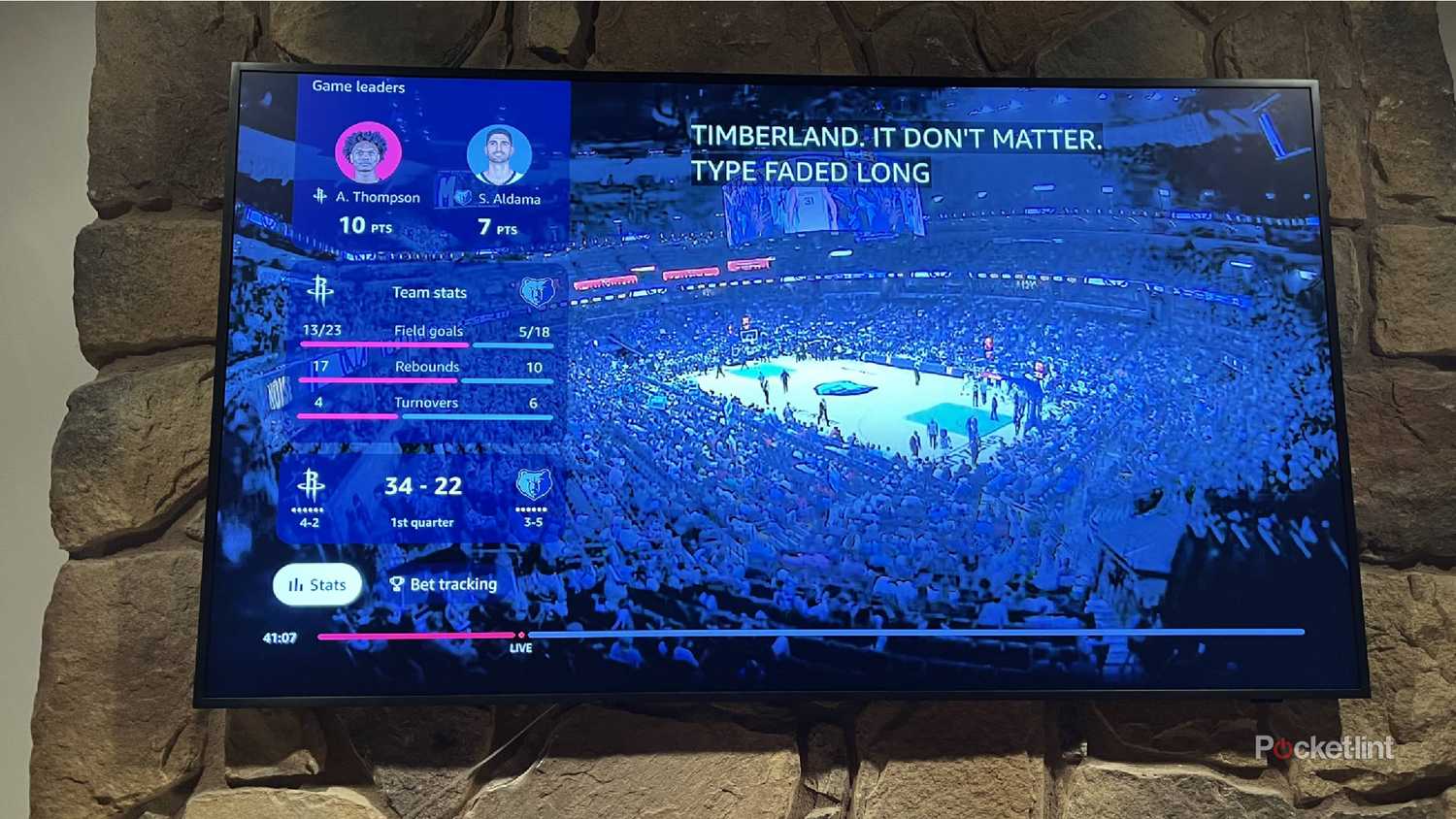 A TV showing current stats from an NBA game on Prime Video.