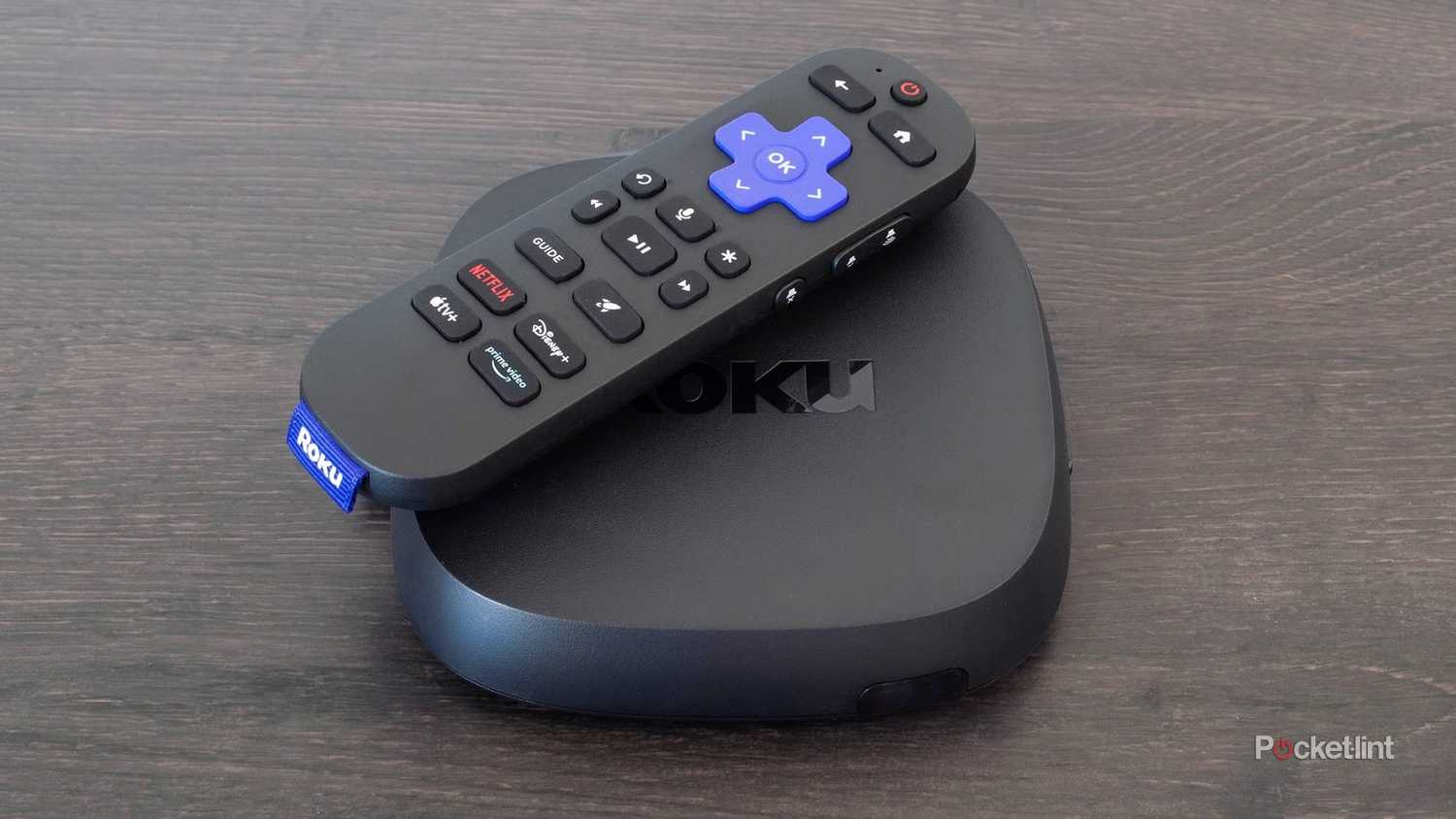 Roku Ultra and remote on table.