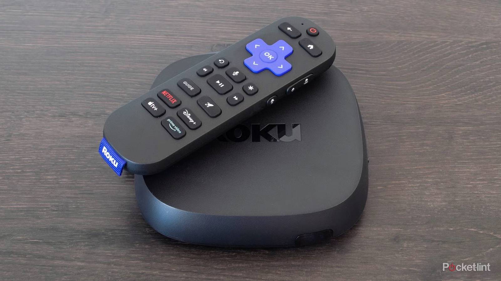 Roku Ultra and remote on table.