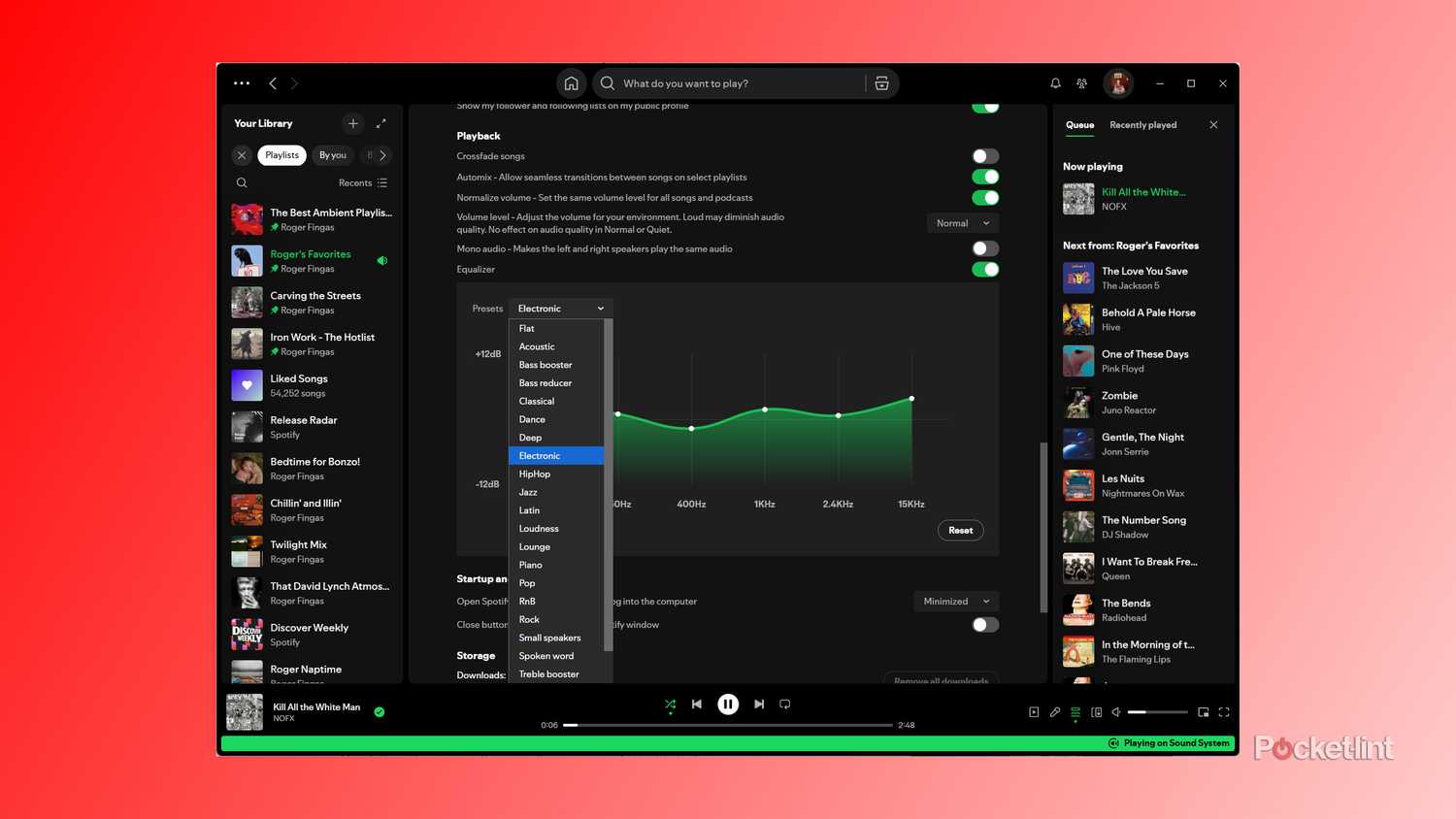Adjusting EQ settings in Spotify for Windows.