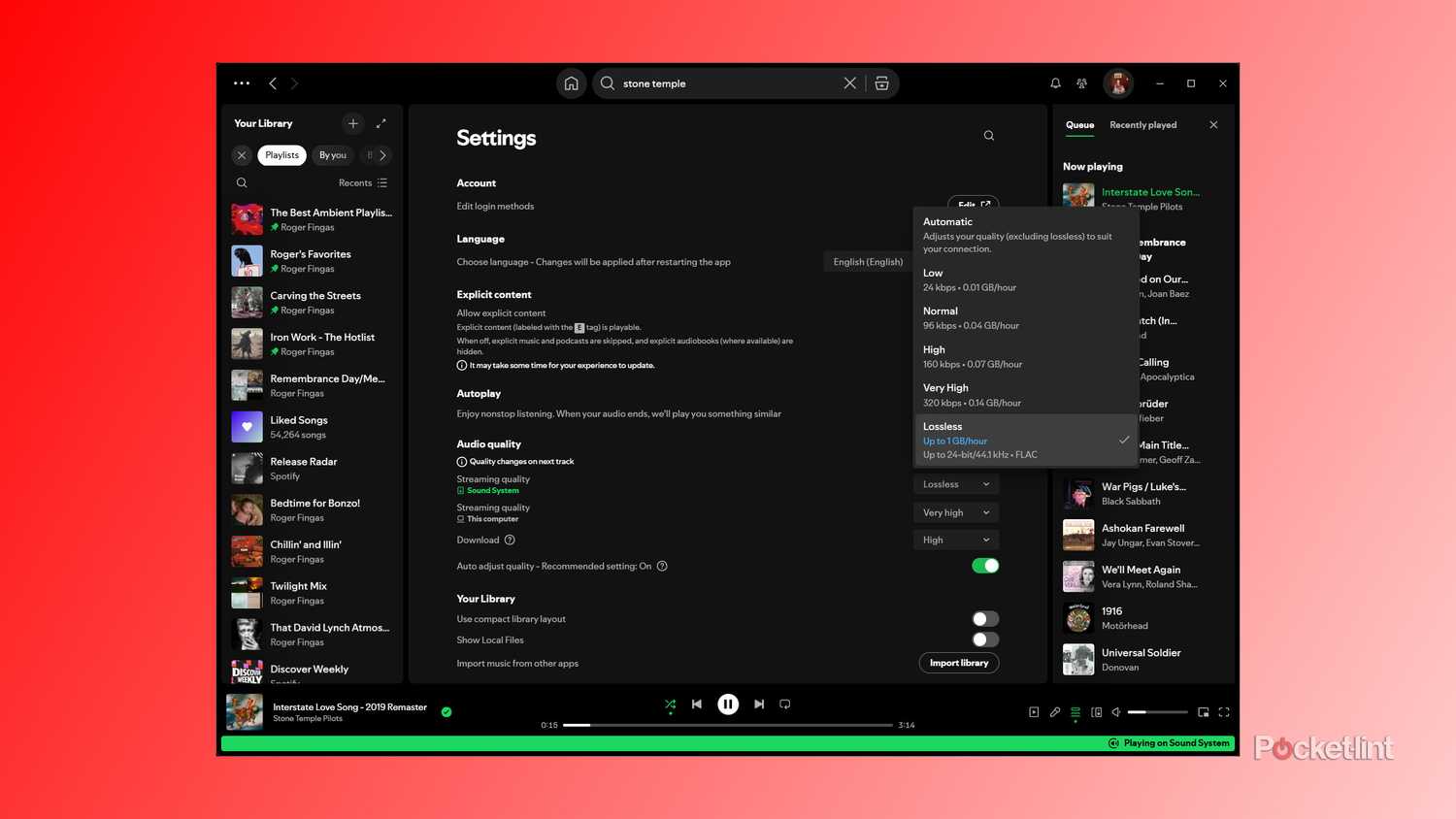 Memilih kualitas audio lossless di Spotify untuk Windows.