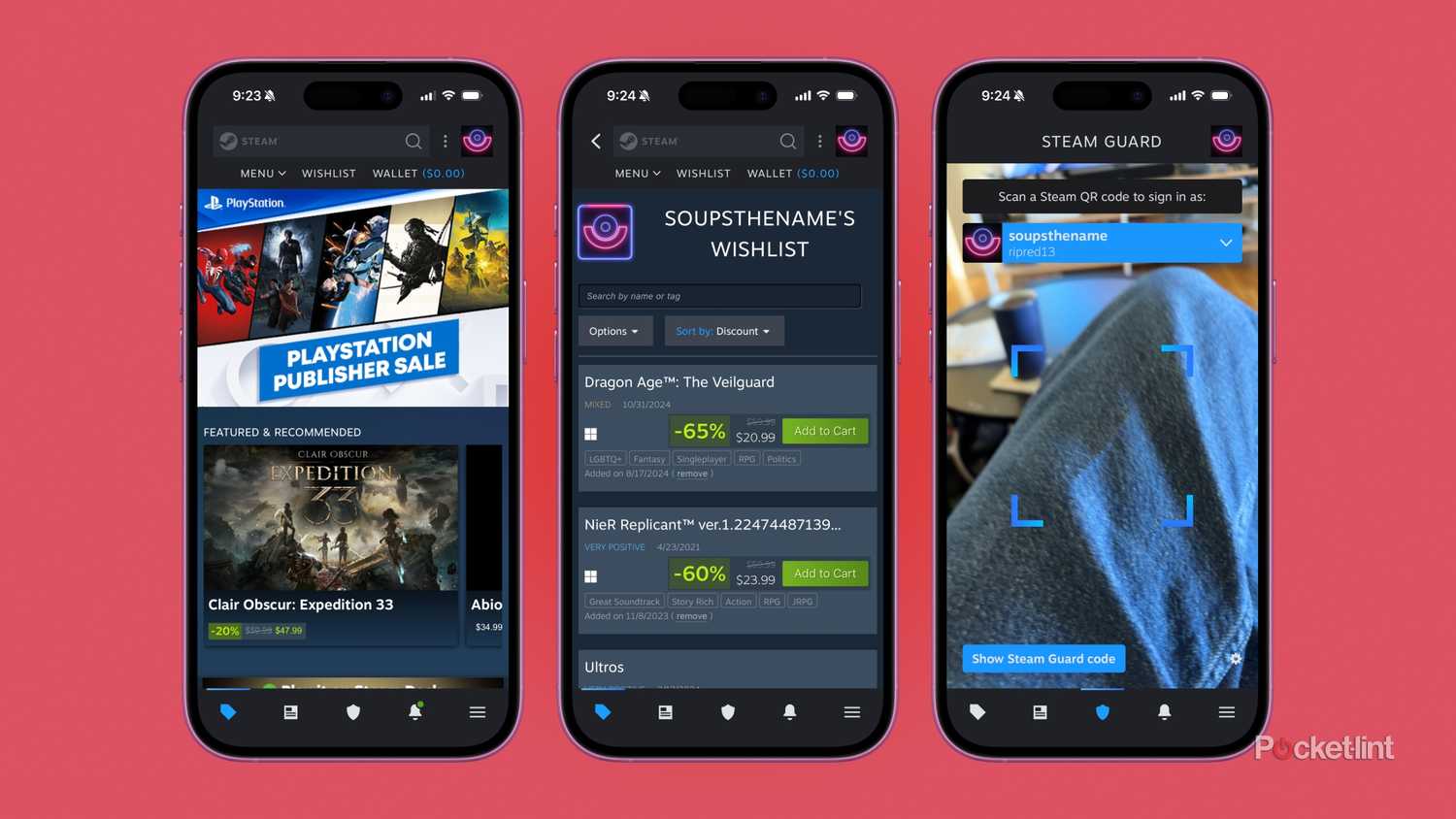 Three screenshots of the Steam Mobile app, showing the store page, the wishlist page, and the Steam Guard feature.