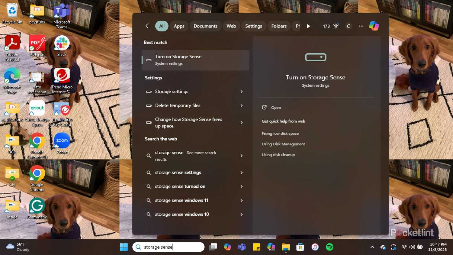 Windows 11에서 Storage Sense를 검색하는 노트북입니다.