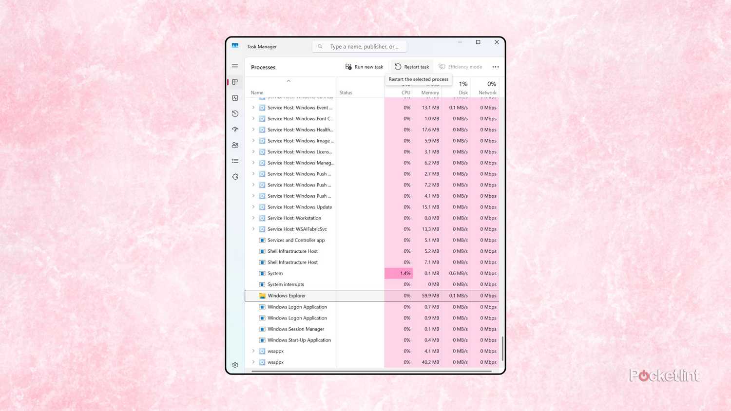 Task Manager restart Windows Explorer process screenshot