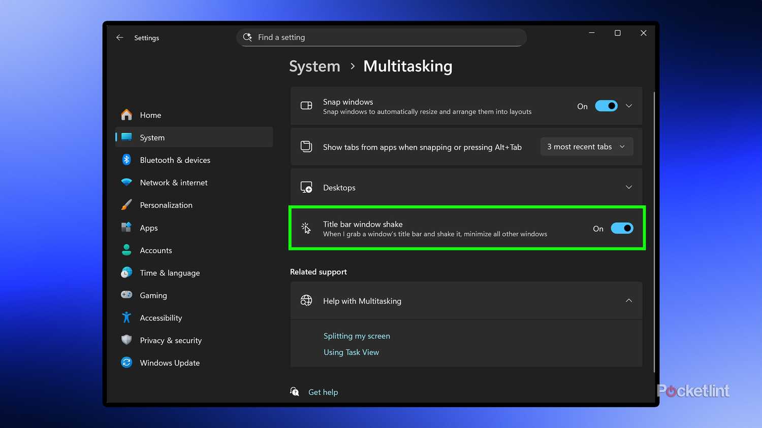 Title bar windows shake setting Windows 11.