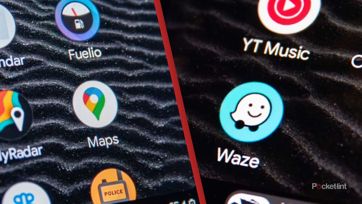 A still photo of both the Google Maps app and the Waze app on an Android Auto screen.