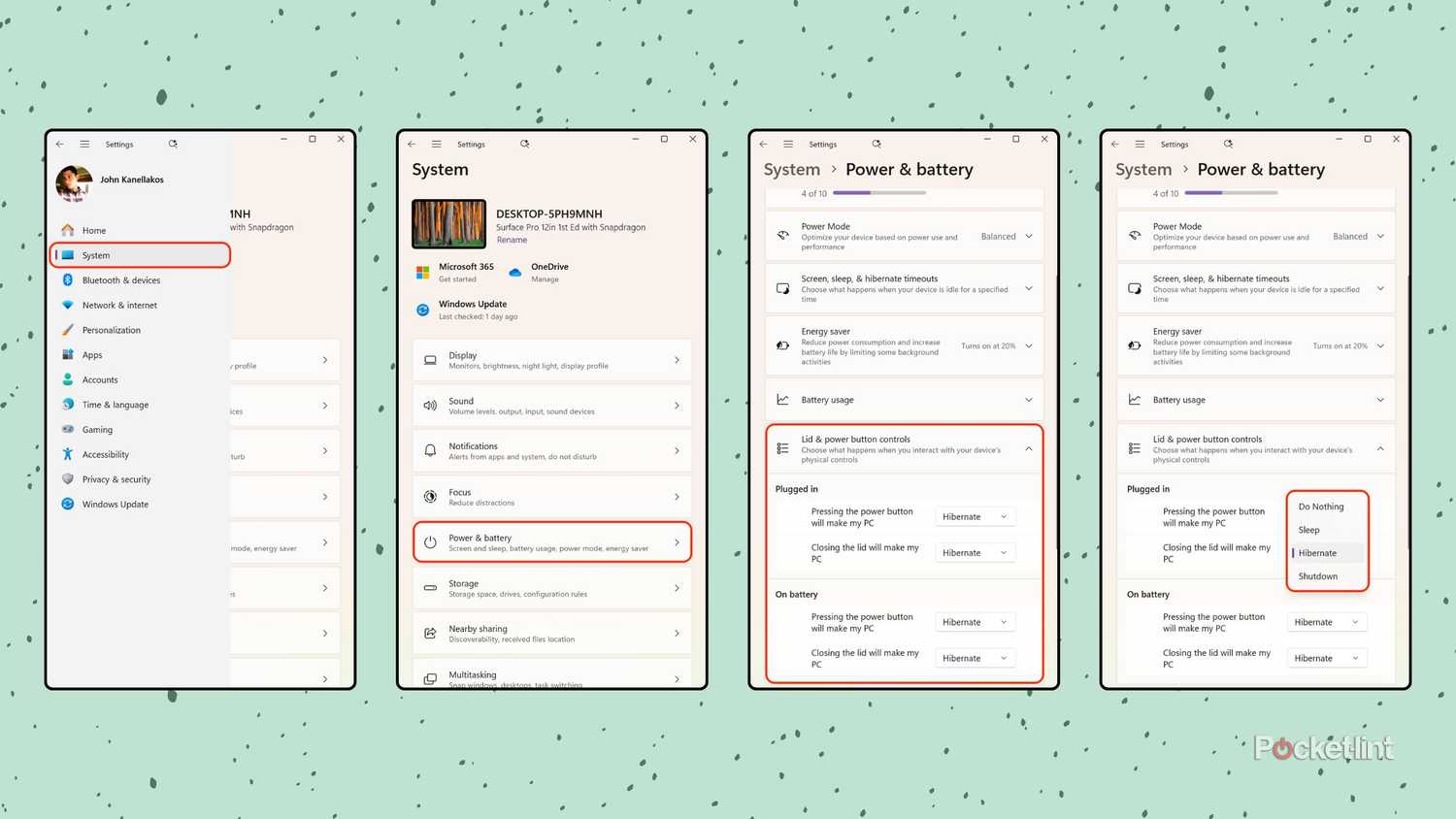 Windows 11 lid & power button controls screenshots