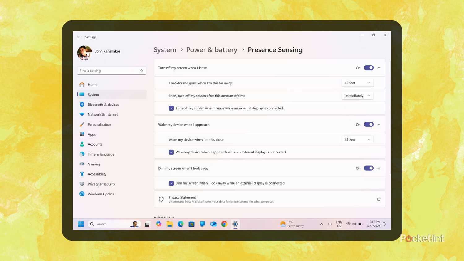 Windows 11 Presence Sensing screenshot