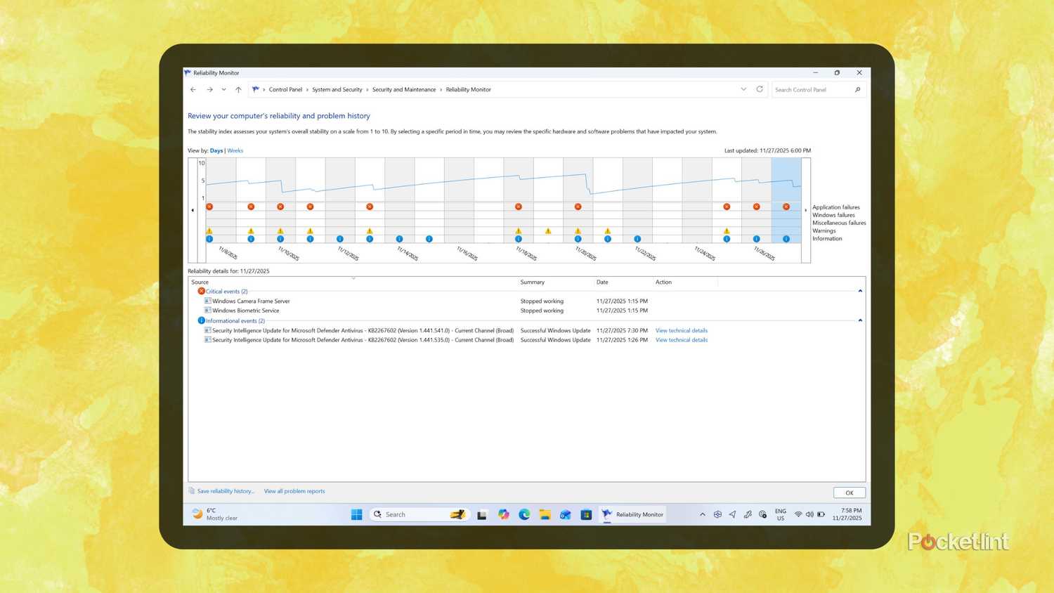 Windows 11 Reliability Monitor screenshot