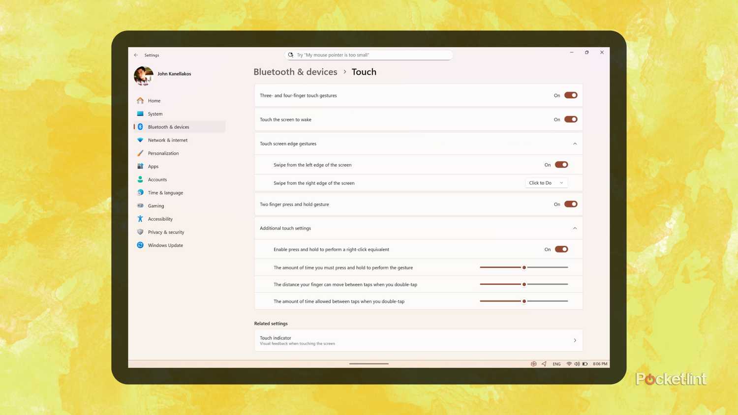Windows 11 touch screen edge gestures screenshot