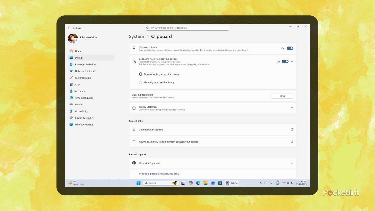 Windows 11 universal clipboard screenshot