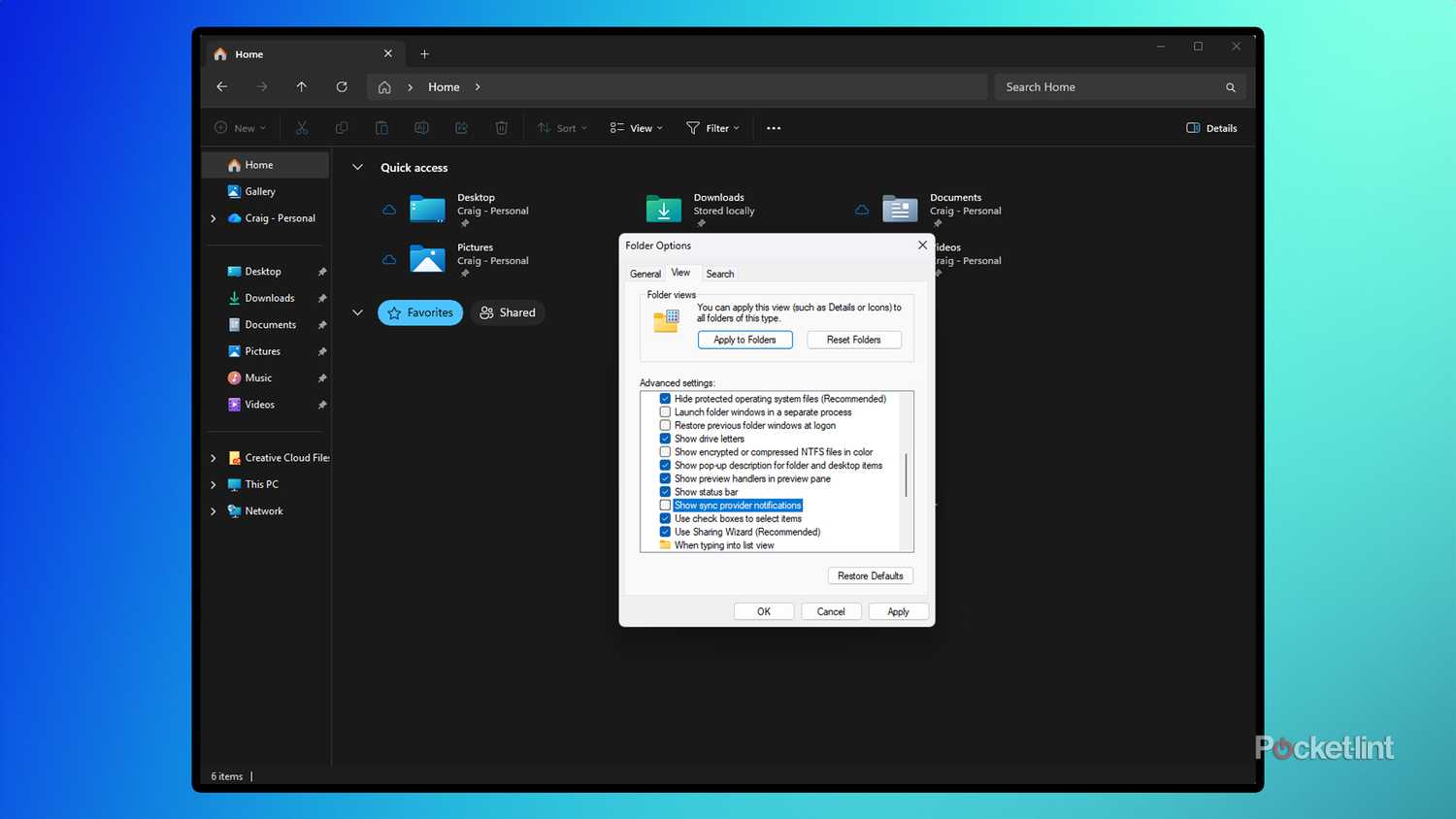 Windows Settings menu to turn off ads in File Explorer.