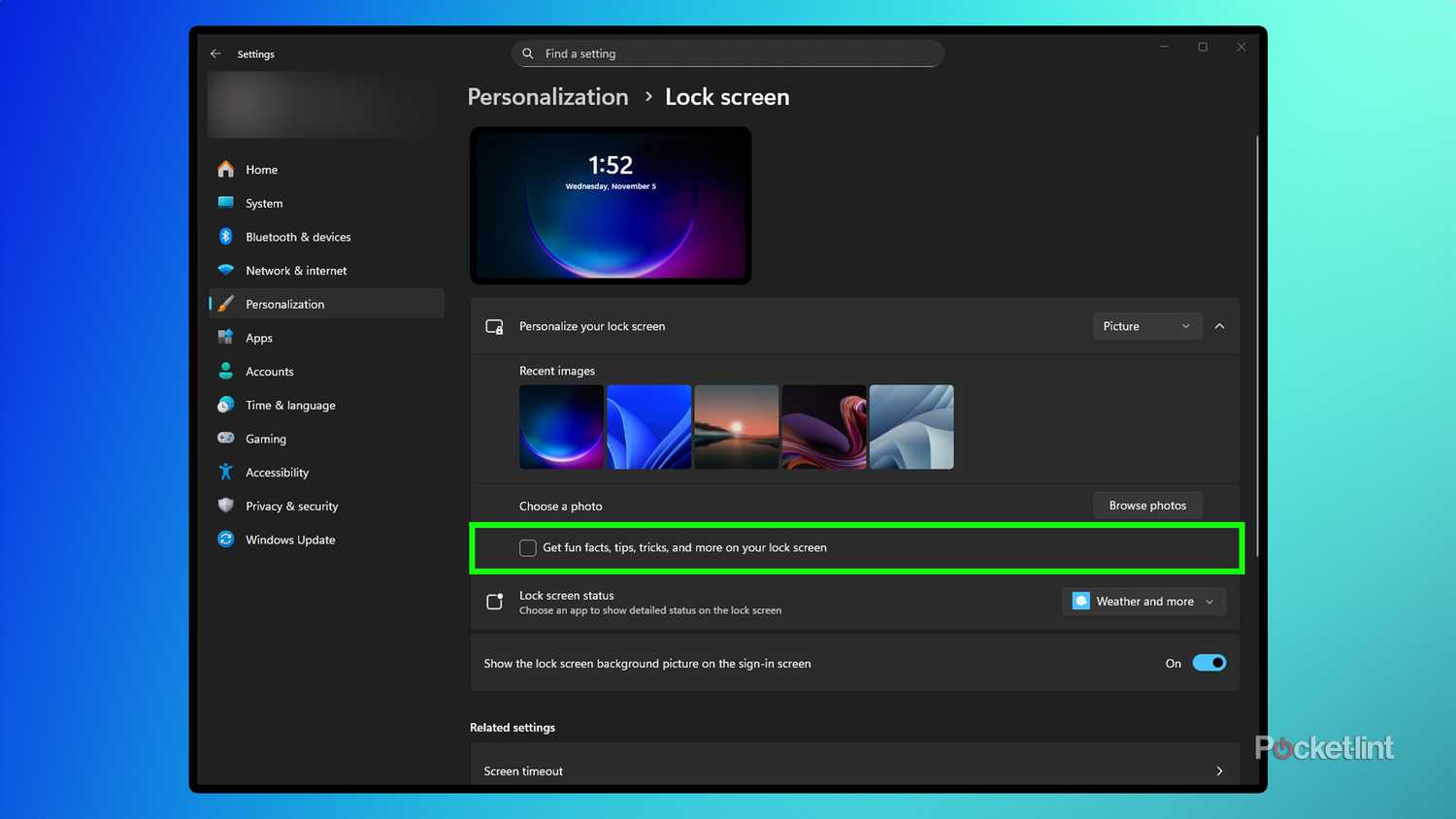 Windows Settings menu to turn off ads on the lock screen.