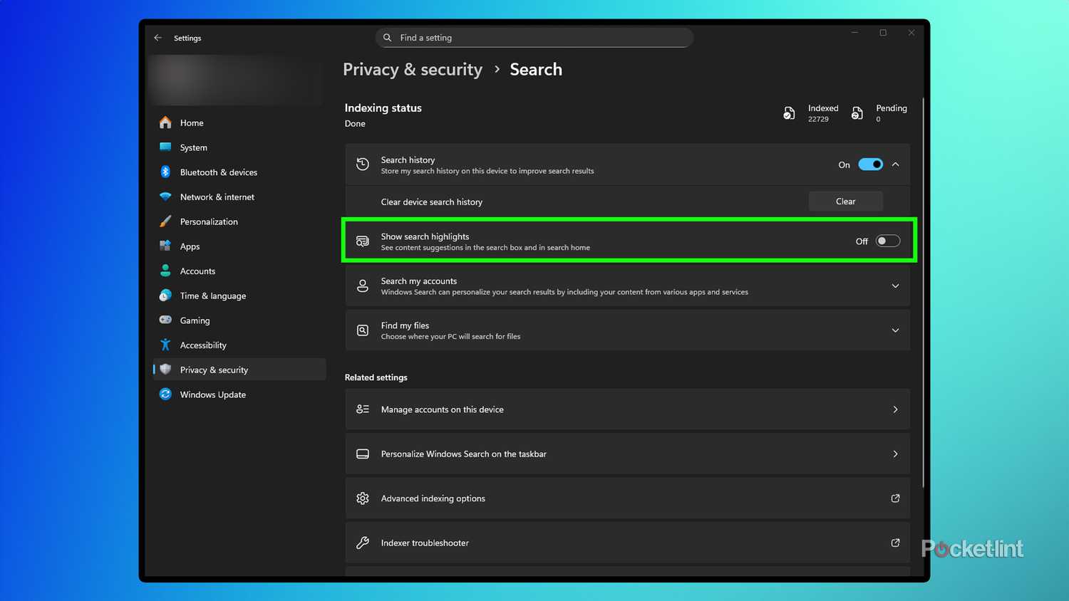 Windows Settings menu to turn off ads in Search.