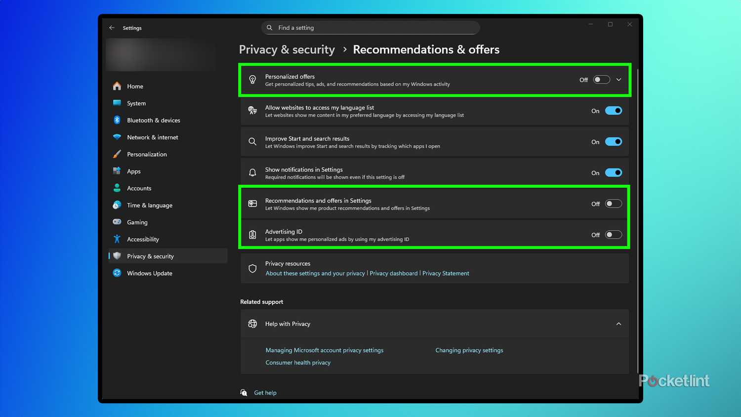 Windows Settings menu to turn off ads in Settings.