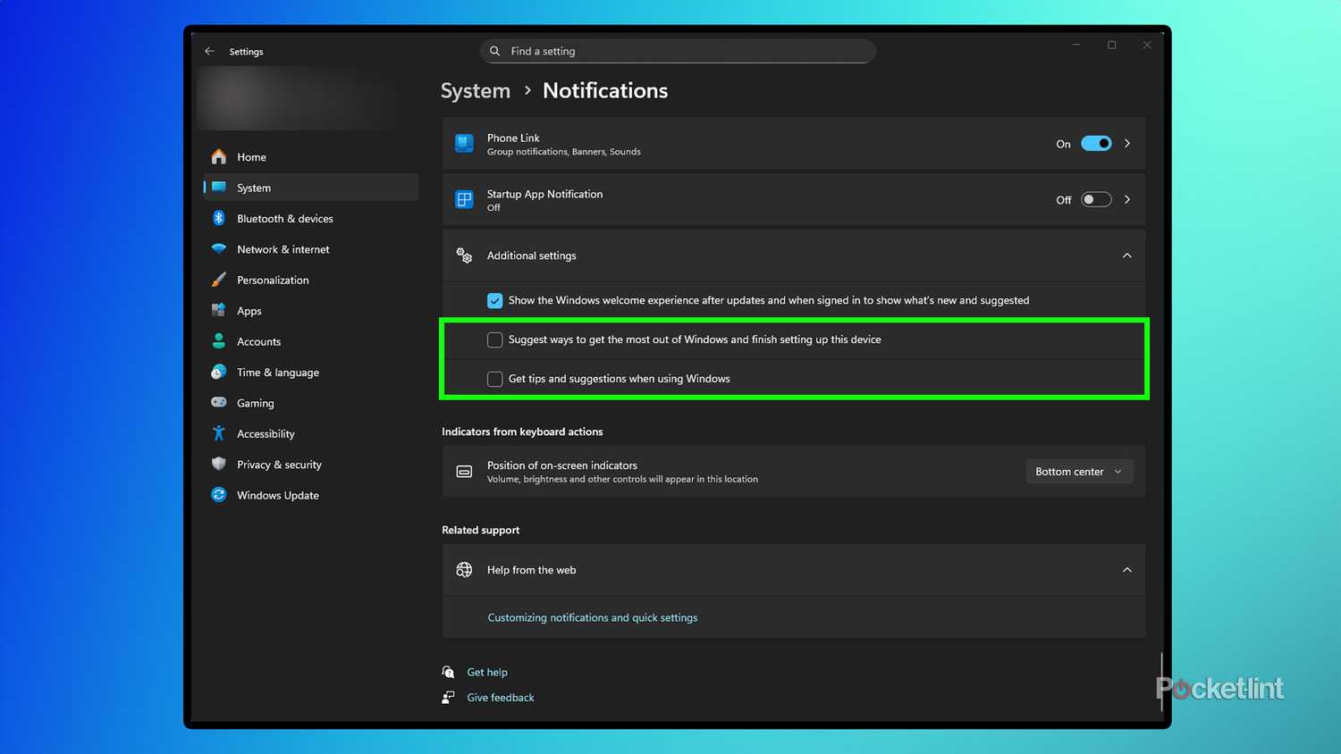 Windows Settings menu to turning off tips and suggestions.