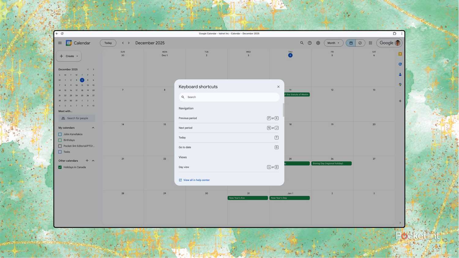 Google Calendar keyboard shortcuts screenshot