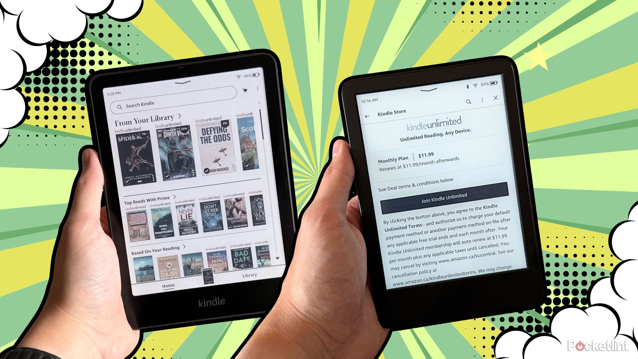 Two Kindles in hand. 