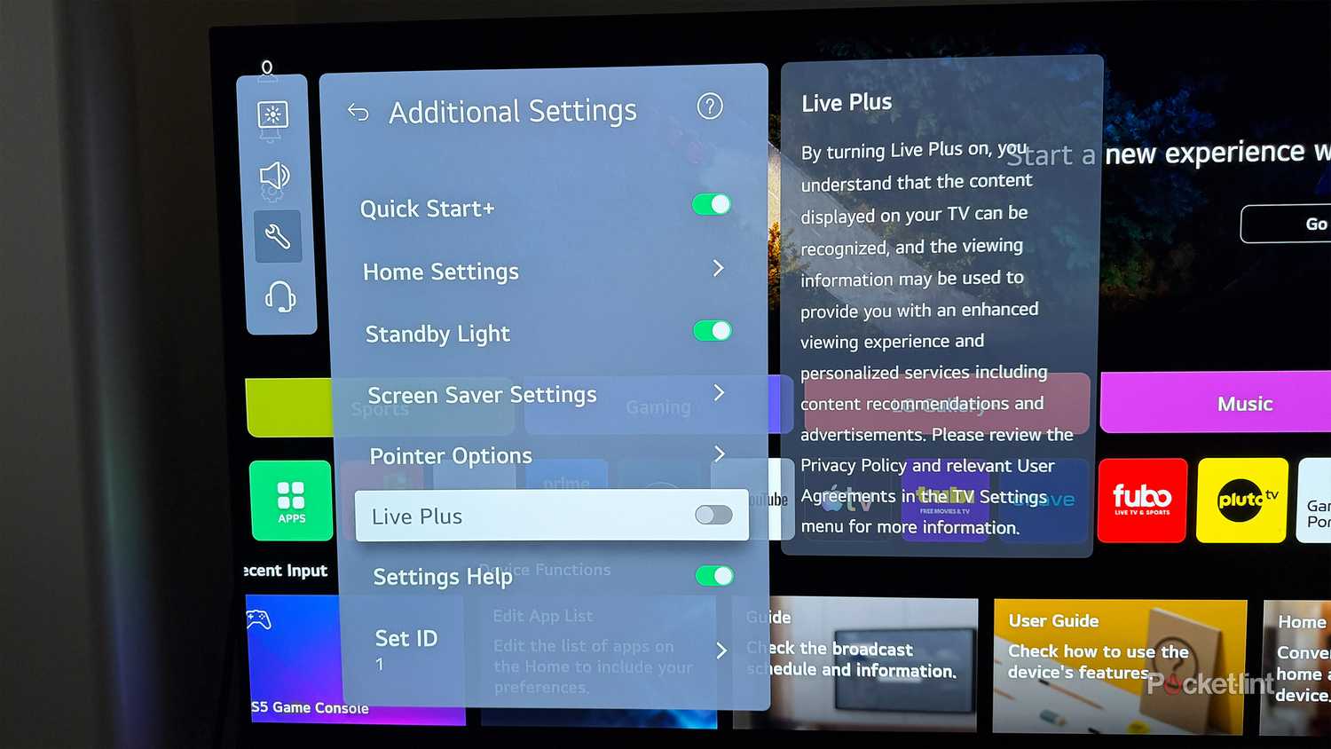 LG TV Live Plus setting.