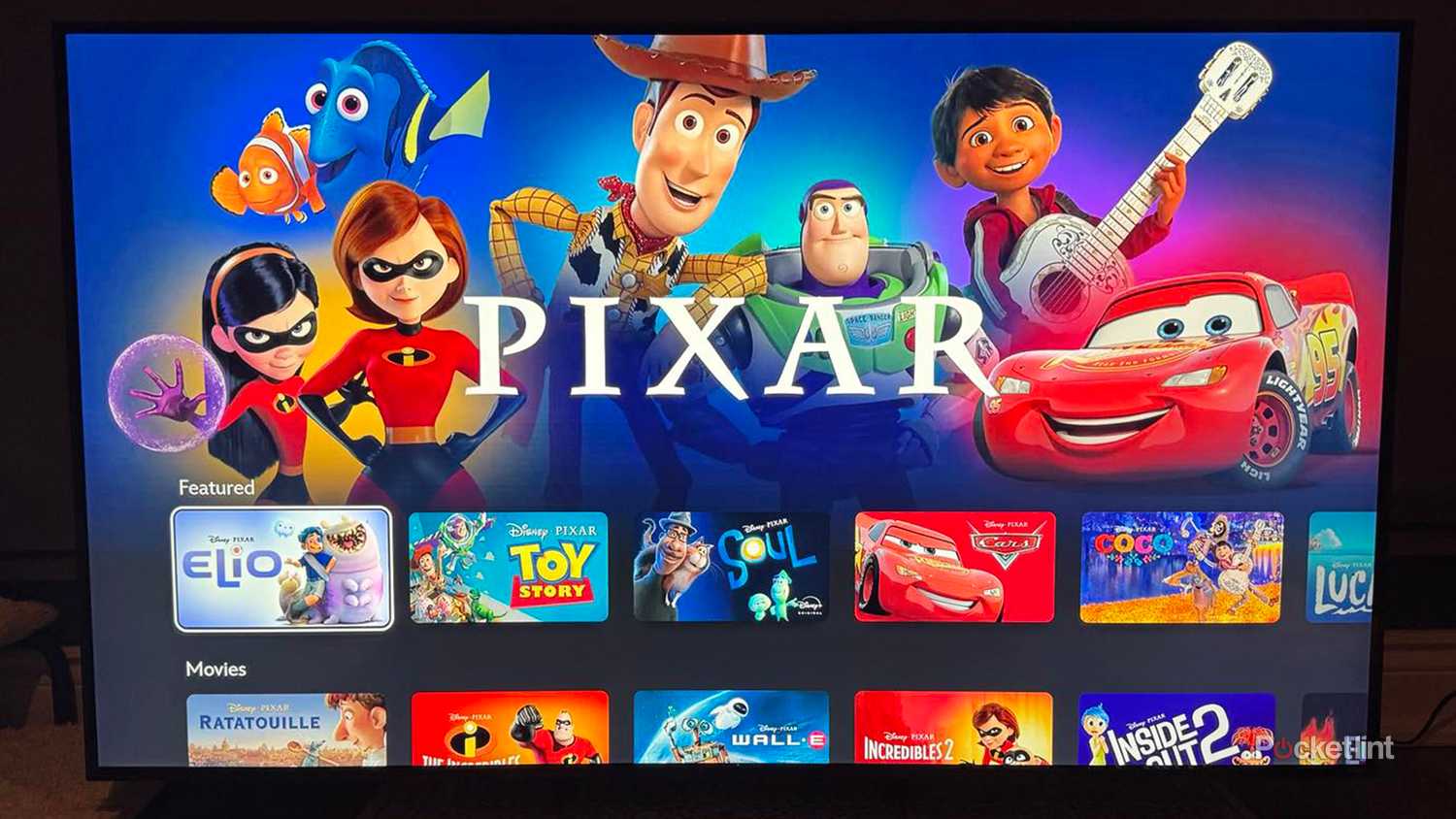 PIxar banner on Disney+ displayed on LG QNED85 smart TV