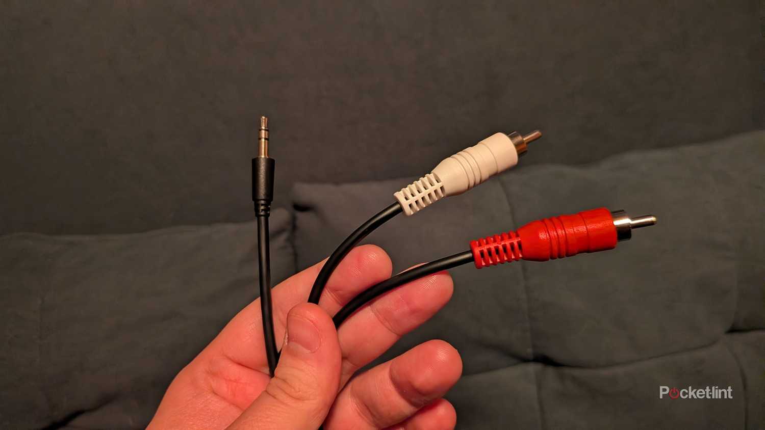 A 3.5 mm to RCA cable.