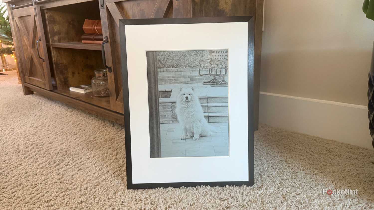 An AI art frame showing a dog. 
