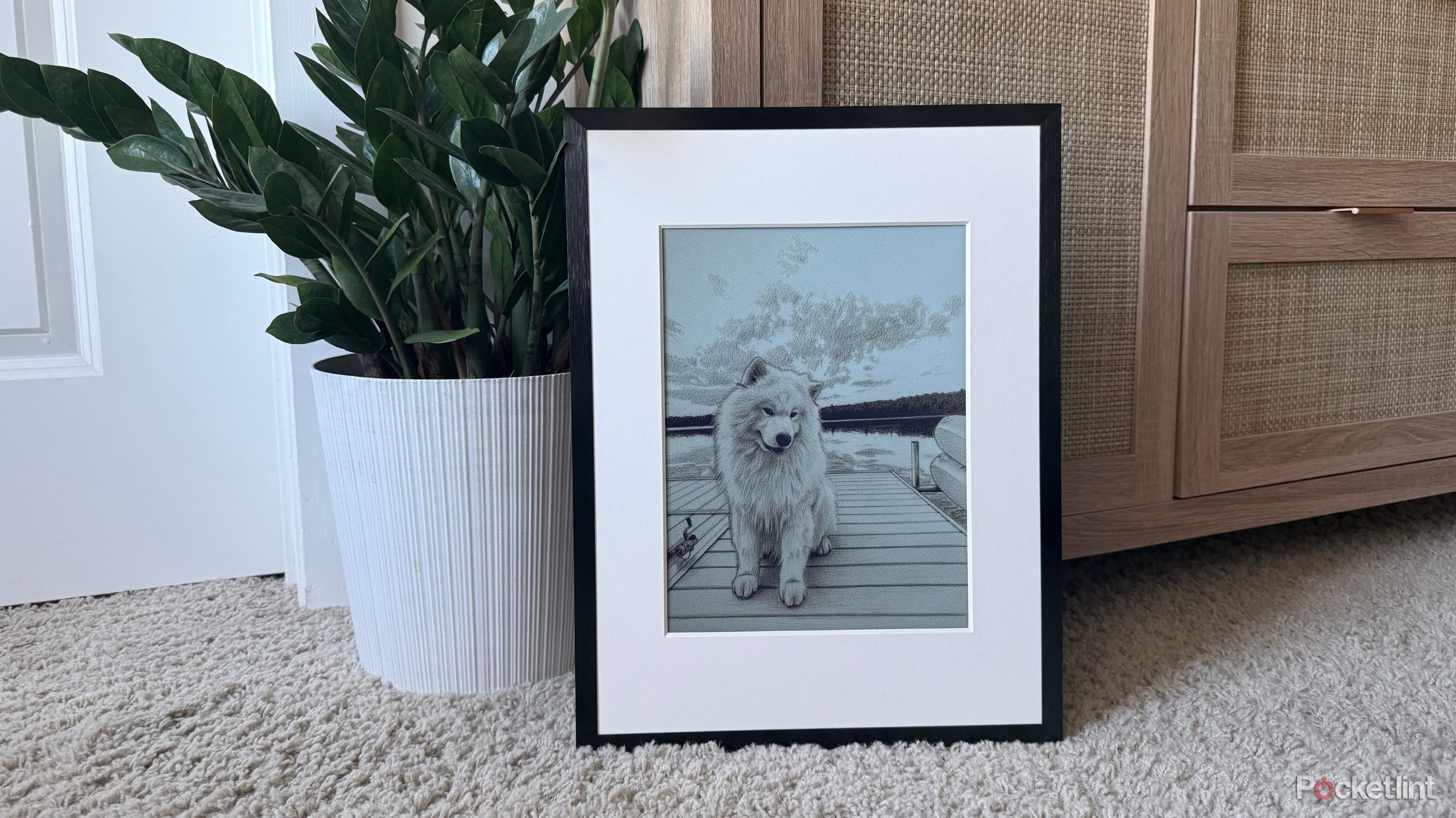 AI pencil-drawn dog on frame. 