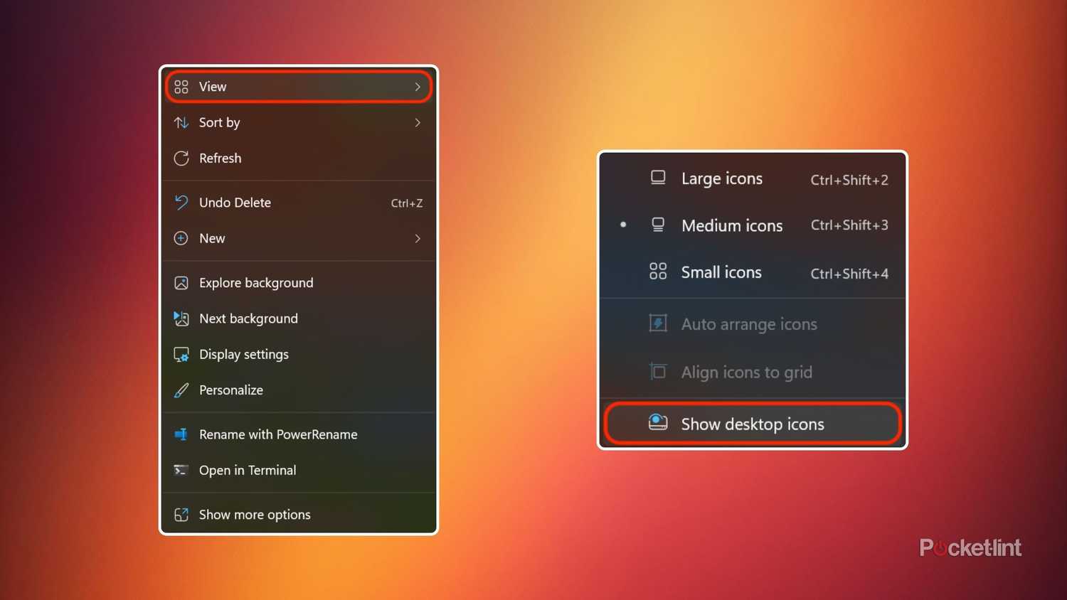 Windows 11 show desktop icons context menu screenshots
