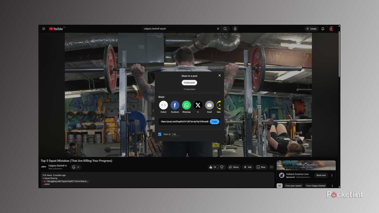 Sharing from a specific timestamp in YouTube on the web.