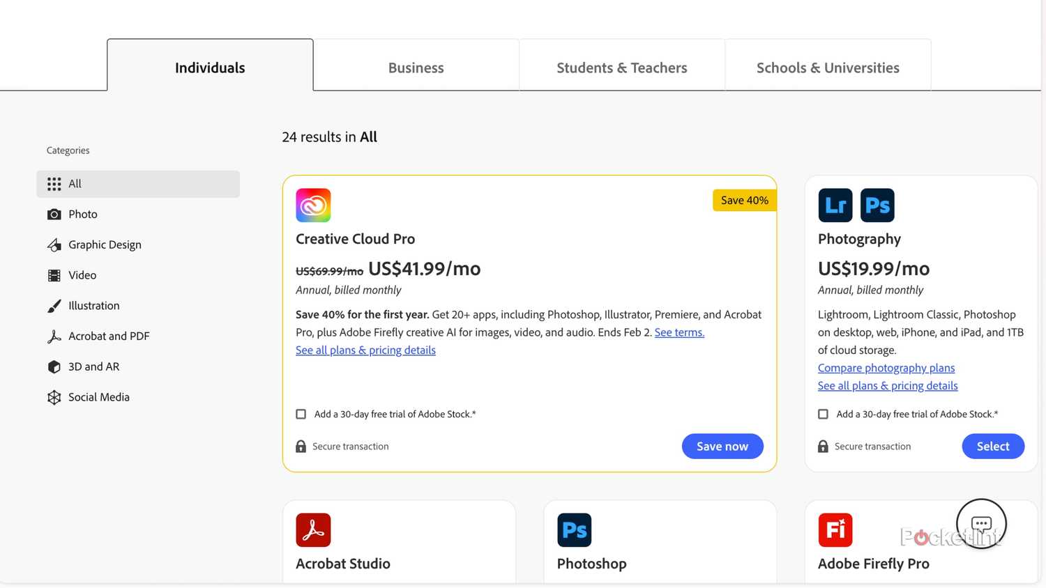 The price comparison page for Adobe Creative Cloud.