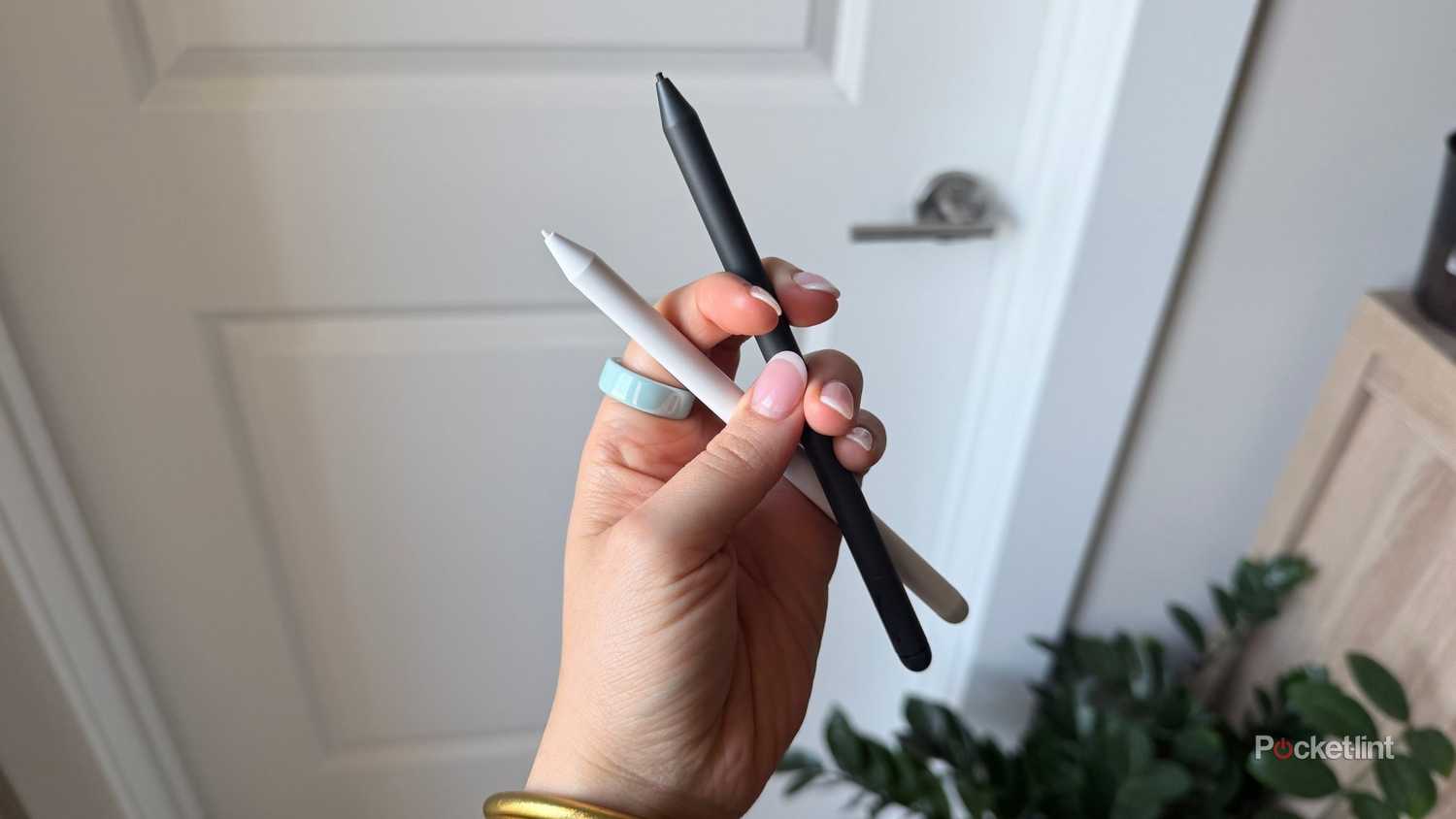 Holding two Amazon premium pens. 