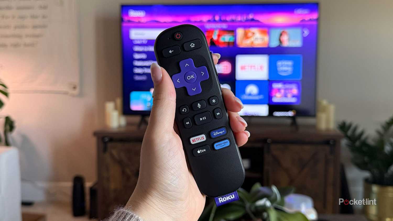 Person holding Roku remote in front of Roku TV.