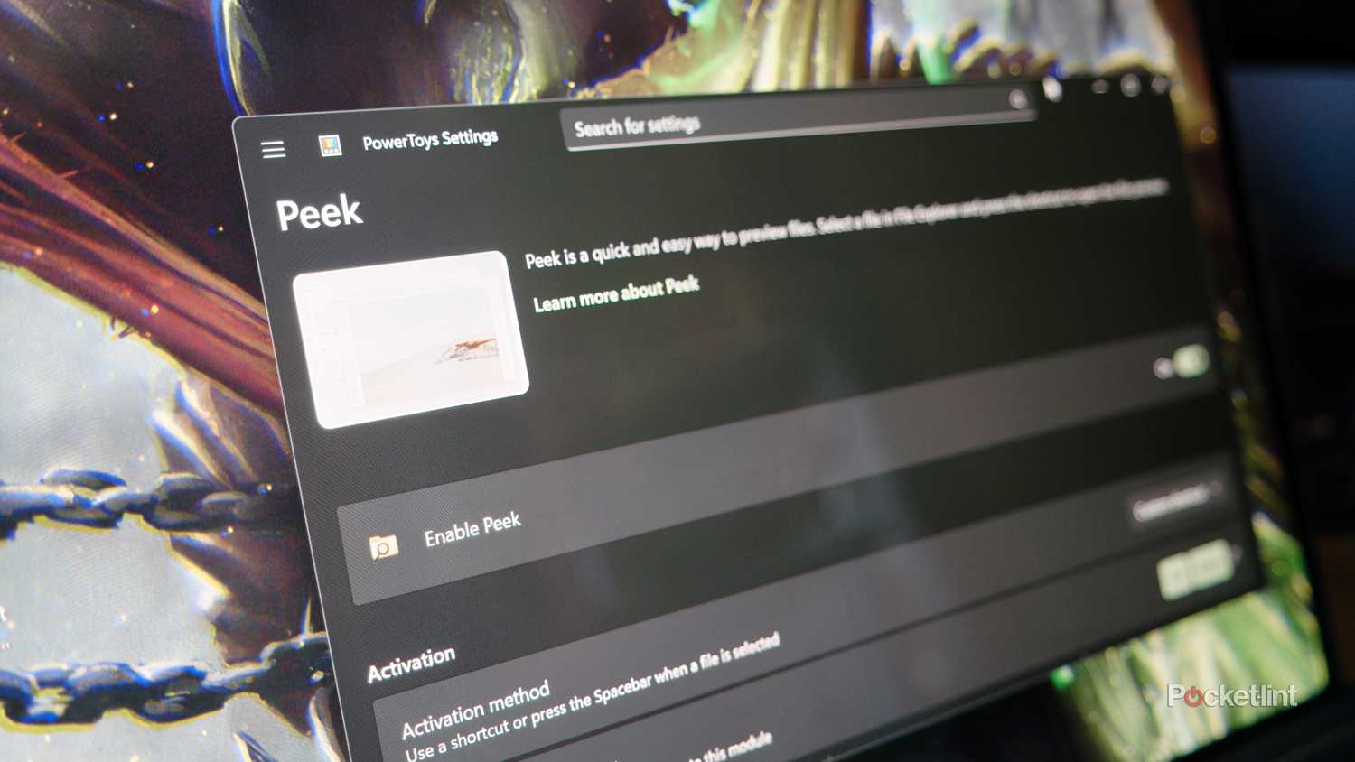 Window showing the Microsoft PowerToys Peek utility settings