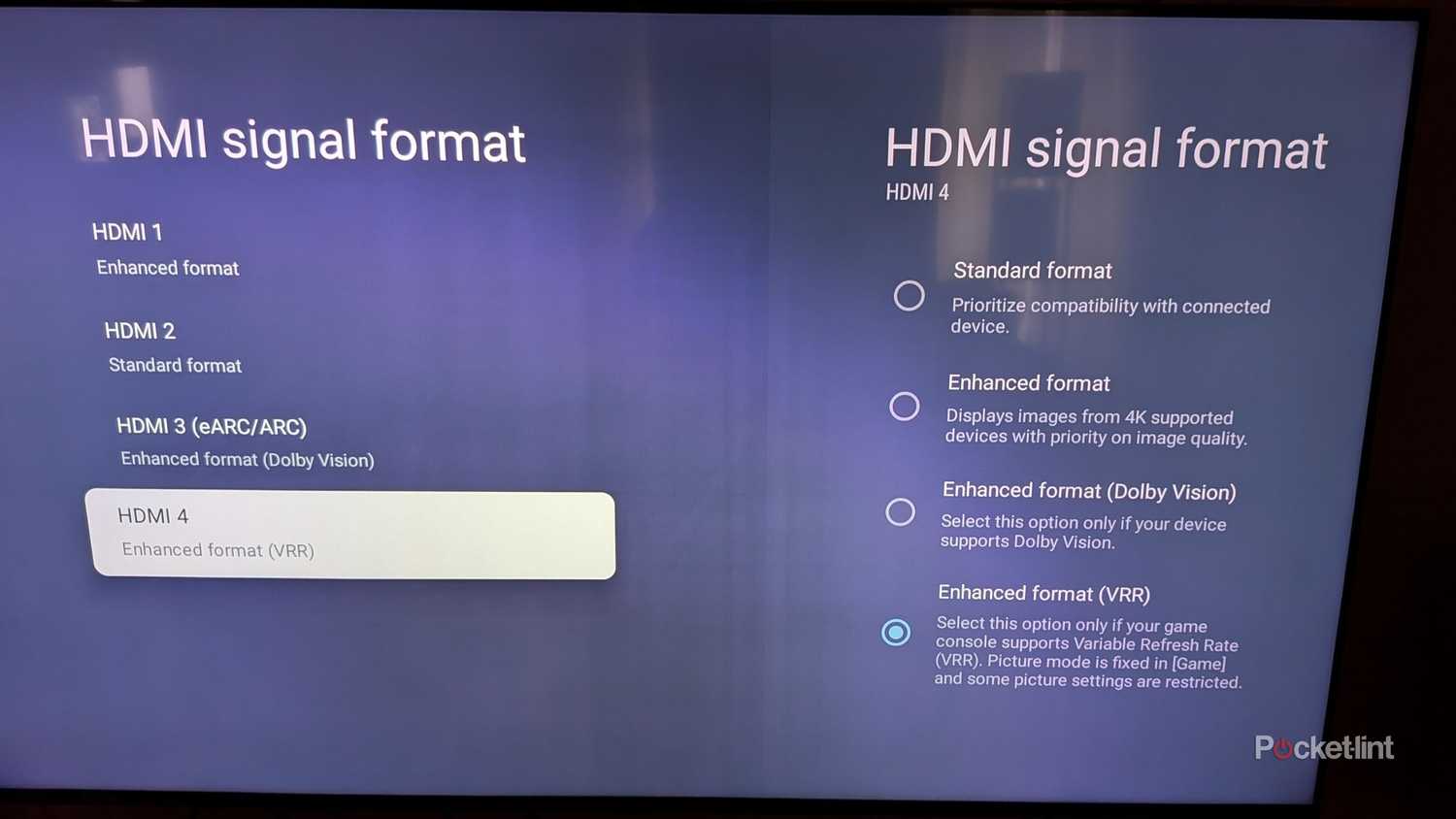 The HDMI signal format page on TV.
