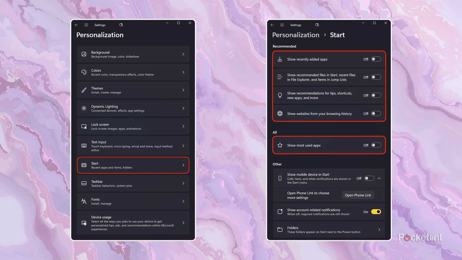 Windows 11 Start Menu disable Recommended and most used sections