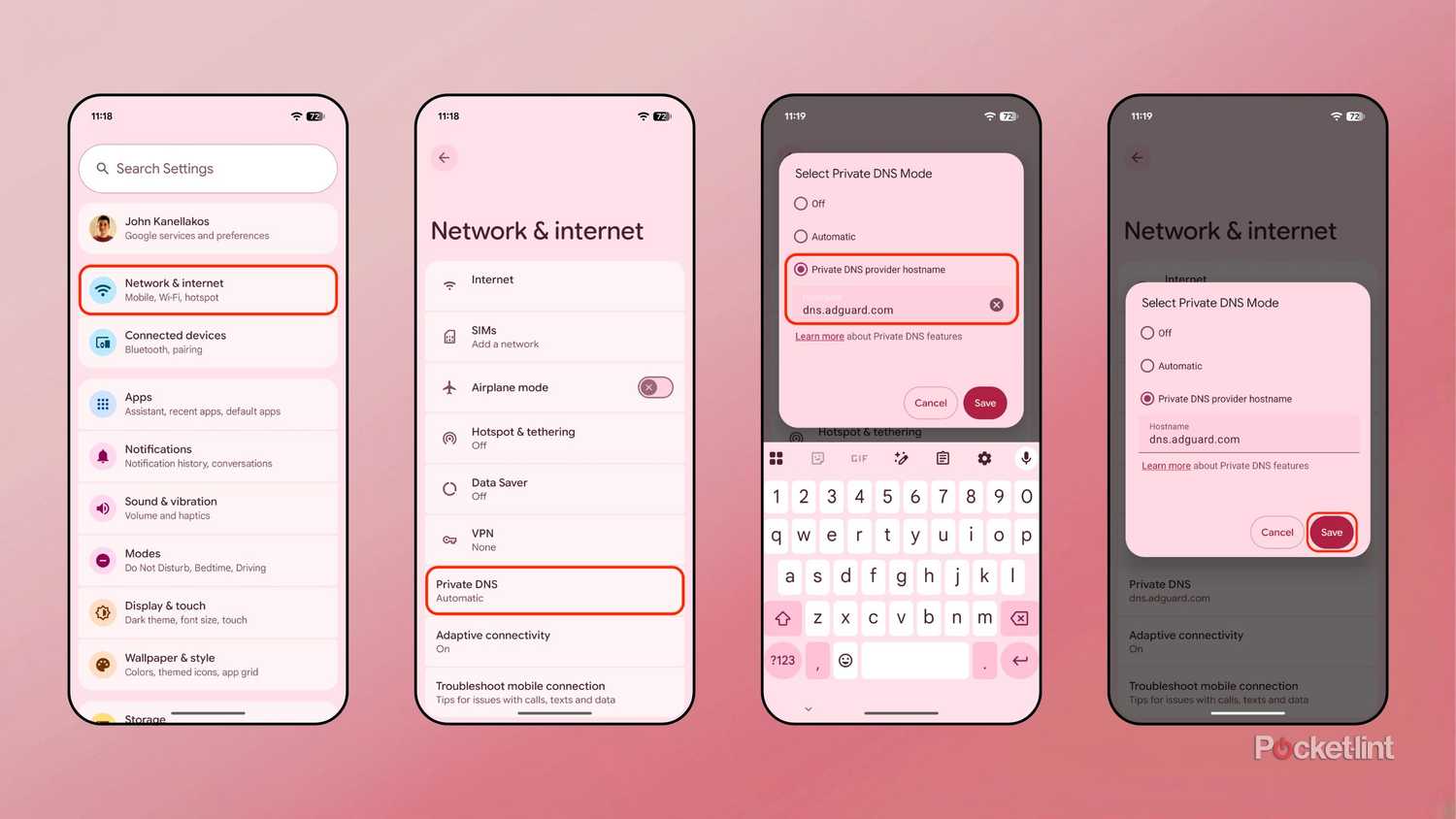 Android private DNS ad-block screenshots