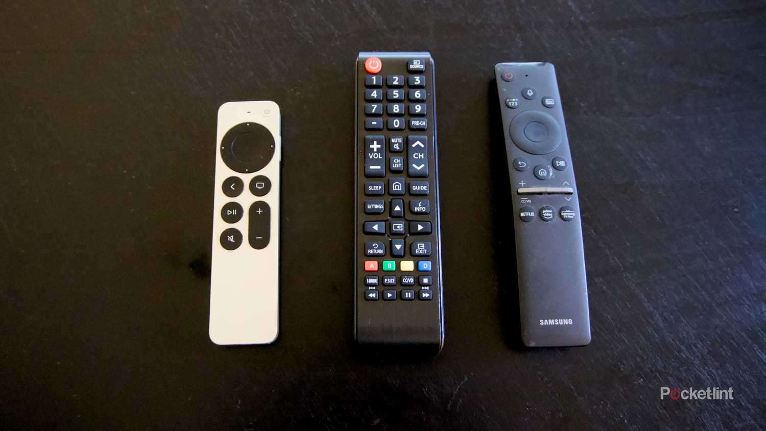 A Siri Remote, Samsung universal remote, and new Samsung smart TV remote.