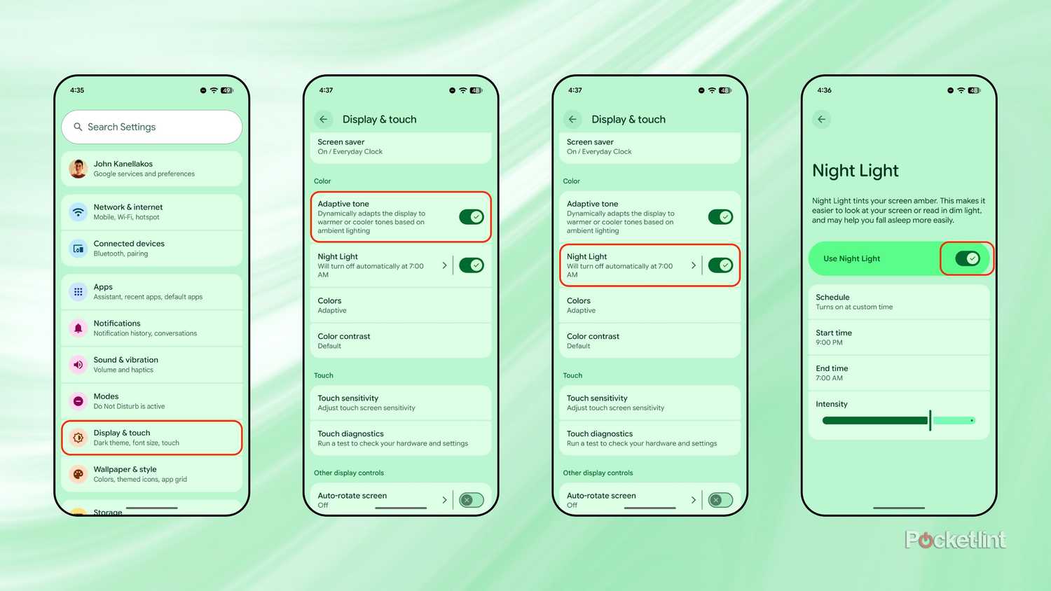 Google Pixel Adaptive tone and Night Light screenshots