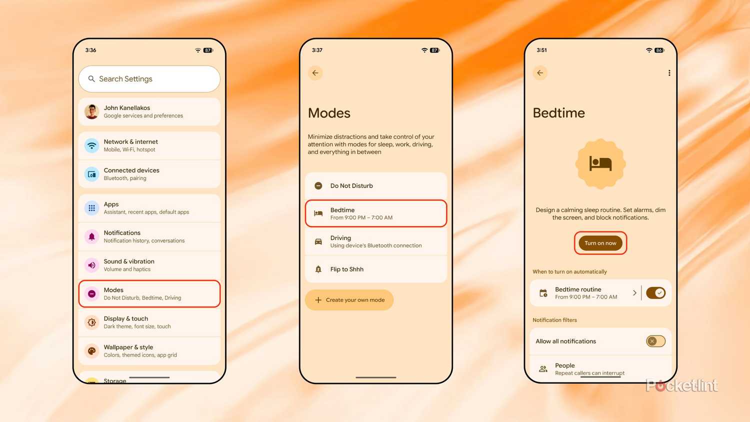 Google Pixel Bedtime Mode screenshots
