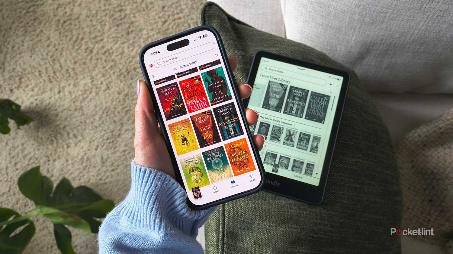 The Kindle app on iOS and a Kindle Paperwhite. 