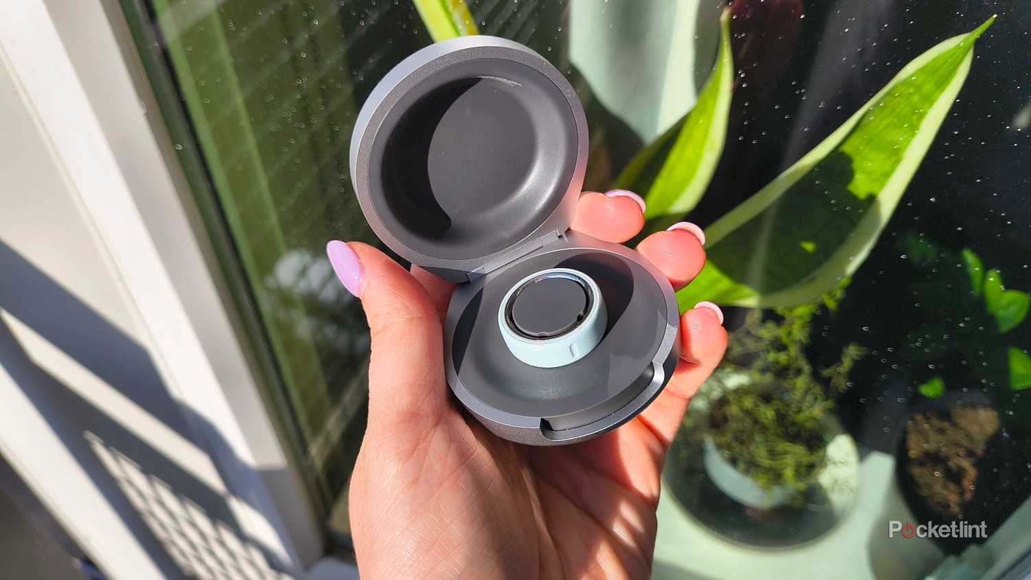 Holding an Oura Ring 4 Charging case. 