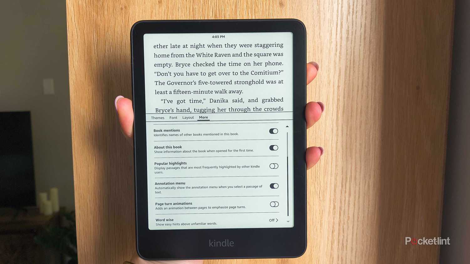 A settings menu open on a Kindle Paperwhite. 