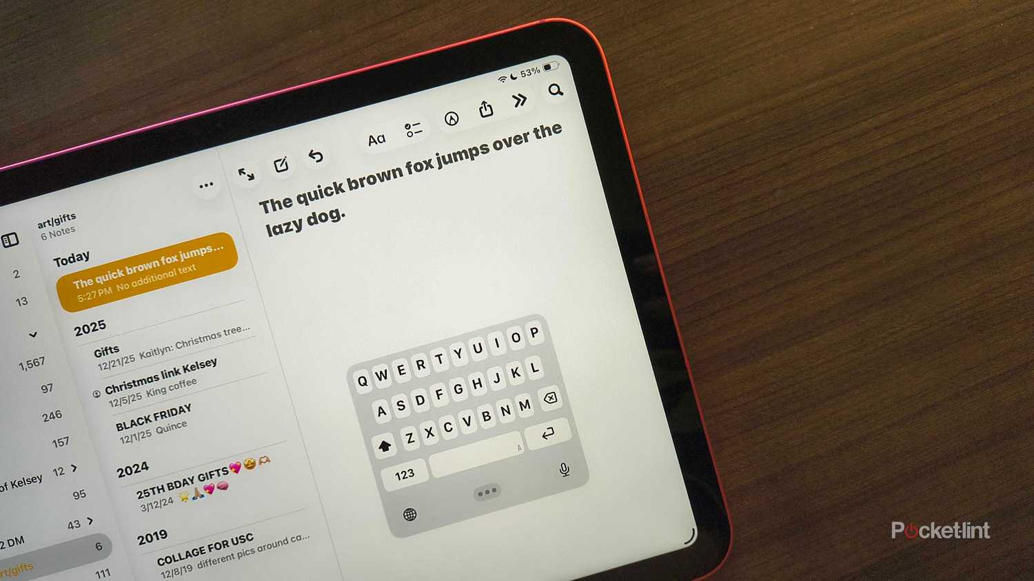 A tiny keyboard on an iPad. 