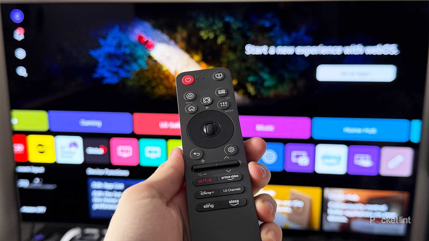 Person holding remote in front of LG TV.
