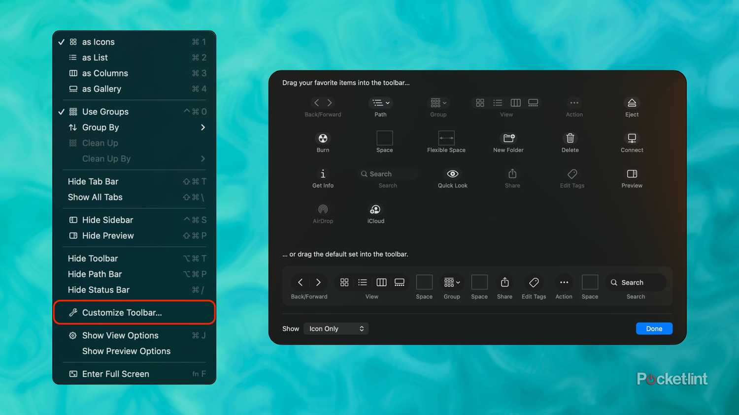 macOS 26 Finder Customize Toolbar