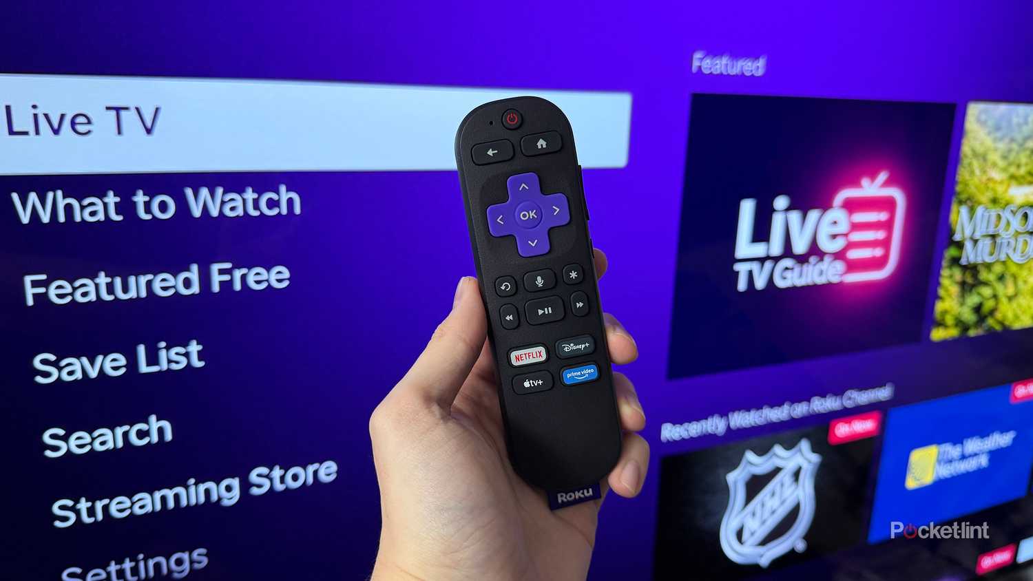 Person holding Roku remote in front of TV.