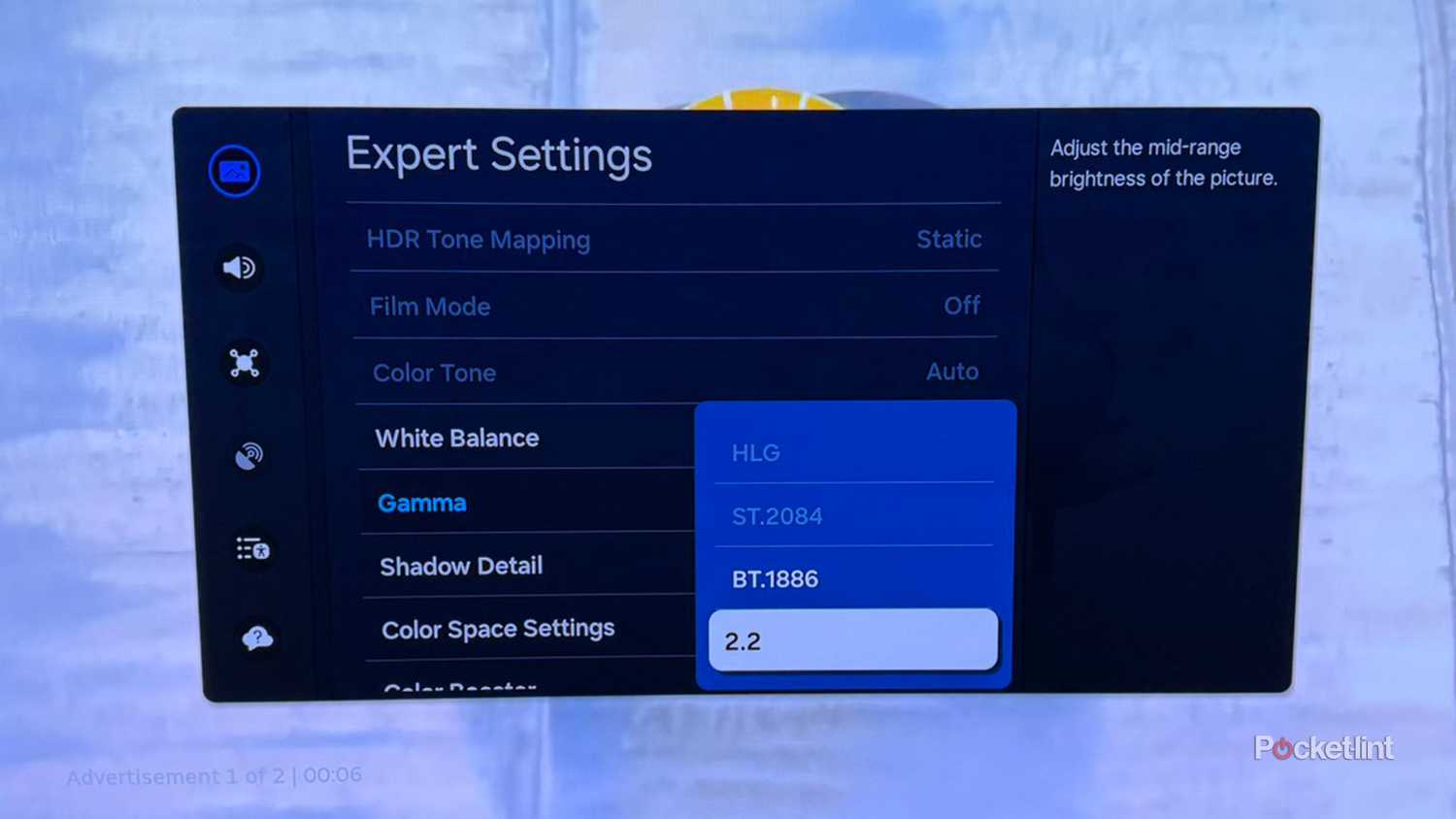 Options de configuration Gamm dans le menu des paramètres experts d'un téléviseur intelligent Samsung.