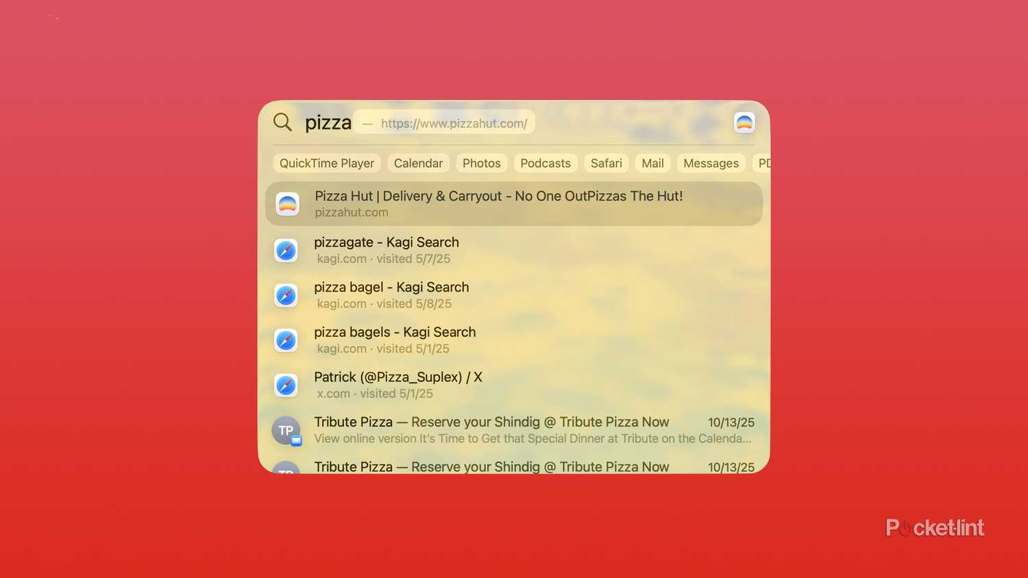 Search results for "Pizza" in Spotlight.