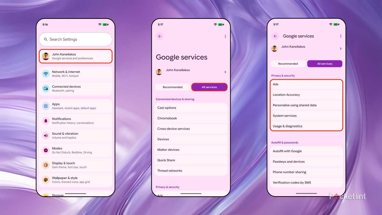 Android 16 Google services settings screenshots